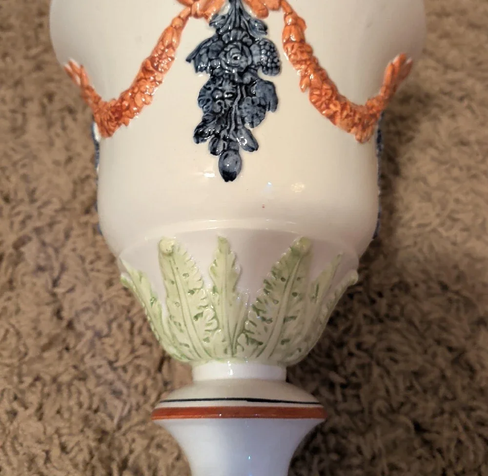 Vintage Italian Mottahhedeh Decorator Urn with Multicolor Relief Accents And Lid